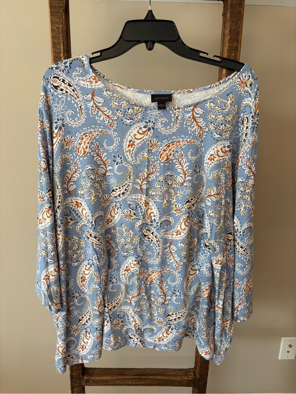 J. Jill Blue Paisley Print Blouse with Rust & Navy Accents
